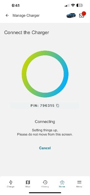 EVolution app connecting my charger to the app screenshot when the PIN is being shown