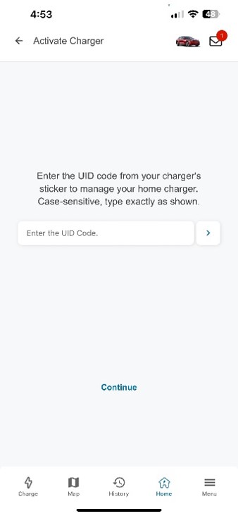EVolution app screenshot that shows field to enter the UID code