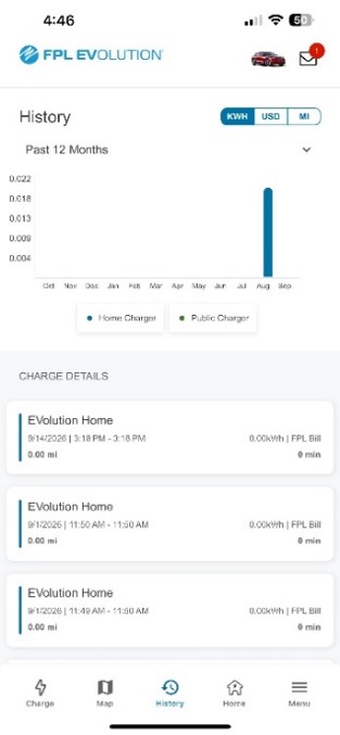 EVolution app screenshot of the charging history