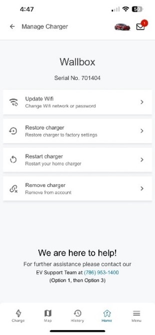 Screenshot of EVolution app on the manage charger page.