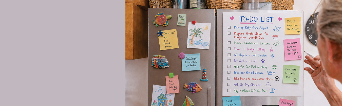 To do list on refigerator with sticky notes and a reminder to sign up for budget billing