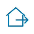 Blue outline icons of a house with an arrow