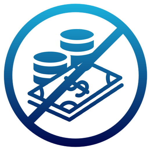 blue gradient outlined icon of a stack of cash and coins crossed out
