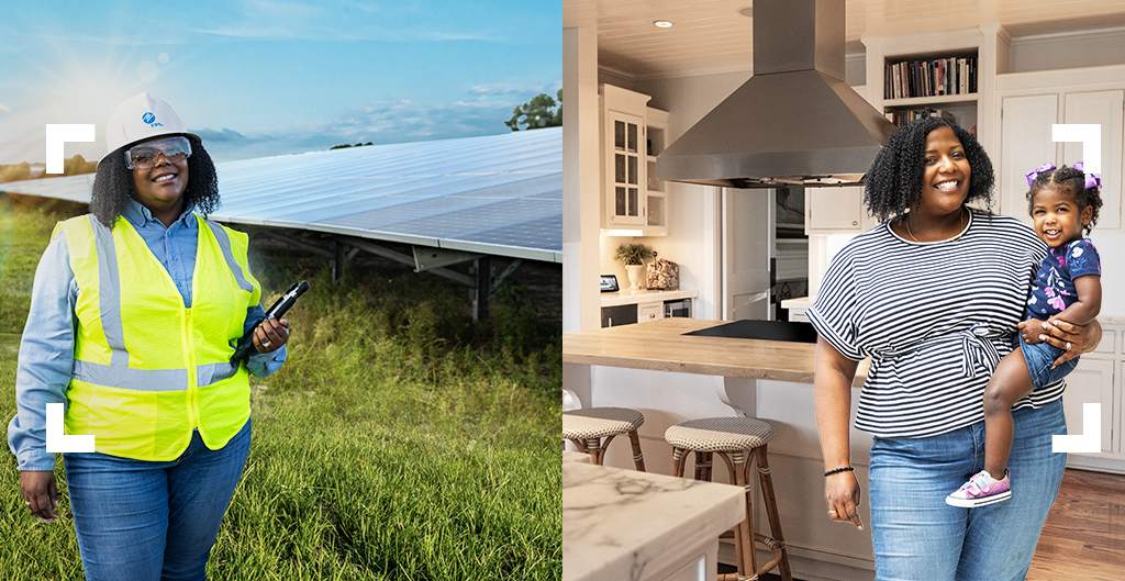 side by side images of FPL employee Chrissy in the solar field and holding her daughter in her kitchen