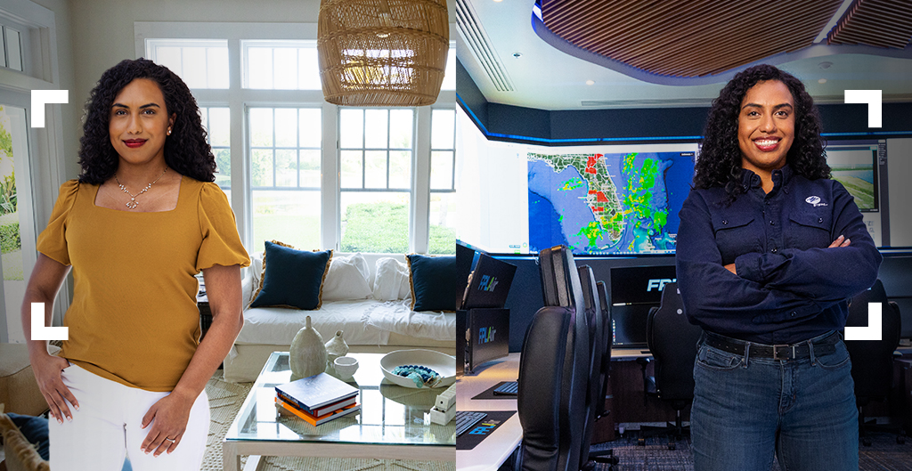 split image of fpl employee in her home and at work