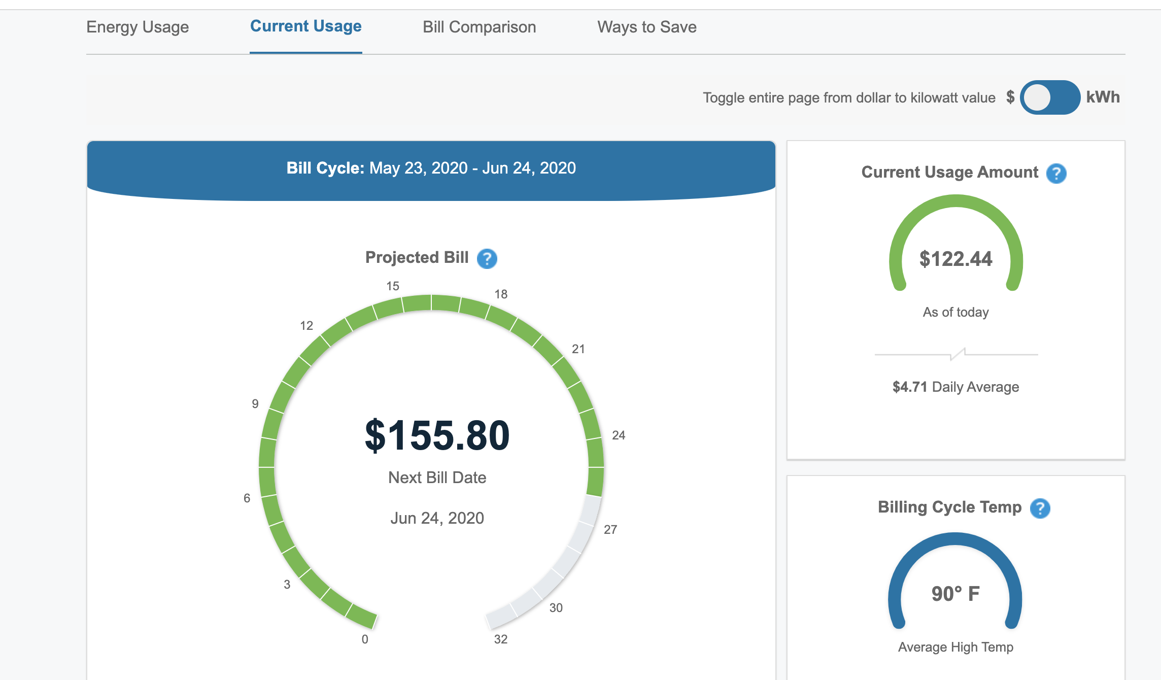 FPL energy dashboard showing projected bill 