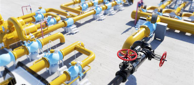 aerial view of yellow and blue natural gas pipelines