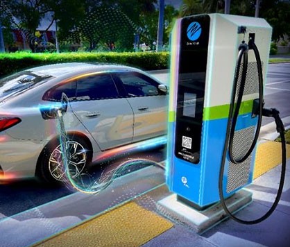 a car parked on a street curb connected to an fpl evolution charger