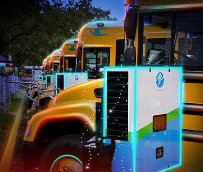 a row of school buses powered by fpl evolution chargers