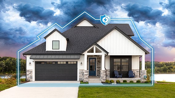 front view of a modern two story home with an attached garage and blue glow outline