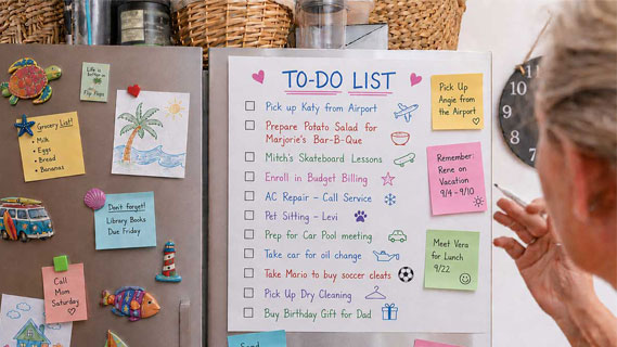 To do list on fridge that includes enrolling in budget billing