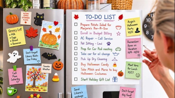 To do list on fridge that includes enrolling in budget billing