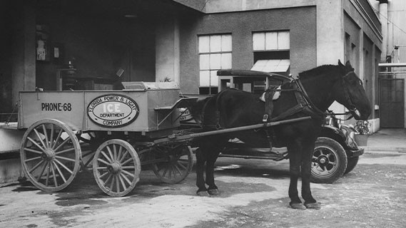 black and white image of an fpl ice cart pulled by a mule
