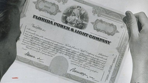 black and white snapshot of an FPL stock paper that traded on the NYSE