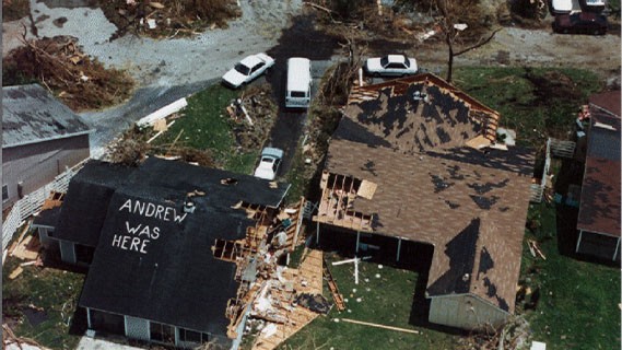 aerial view of the damage caused by Hurricane Andrew in 1992