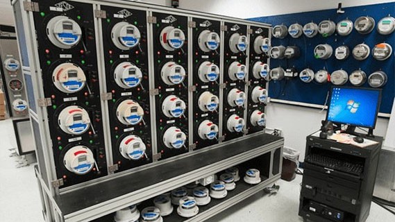 a room with walls of electricity meters