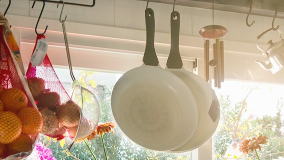 Cookware hanging in the kitchen