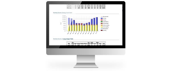computer monitor with example charts and graphs from commercial business energy audit results