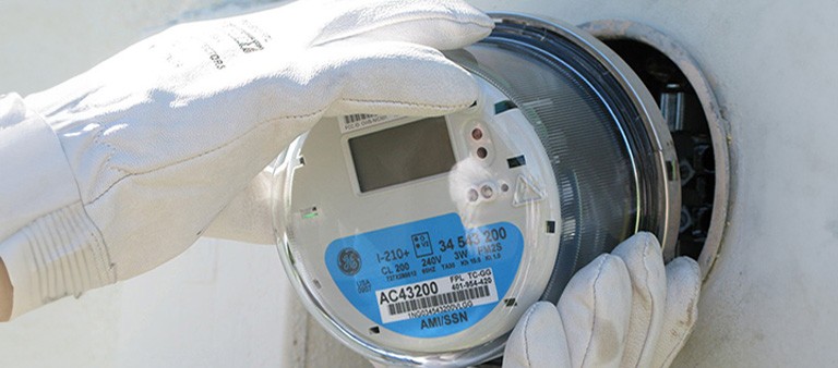 an fpl worker looking at a meter with a customer