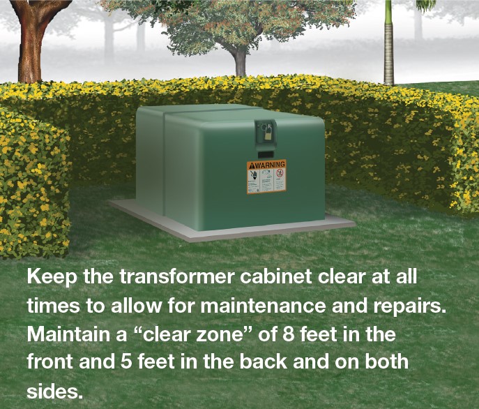 Green transformer surrounded by shrubs