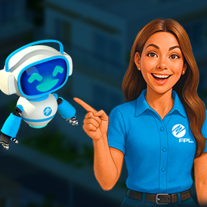 graphic with a small robot on the left and a woman with long brown hair on the right